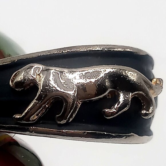 Panther Earrings Black Enamel Silver-Tone Pierced Back Open Half Hoop 1"Earrings - Picture 3 of 11